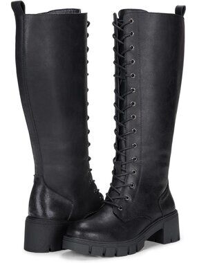 Women's Coated Black Pu Round Toe Lace Up Platform Chunky Heel Knee High Boots